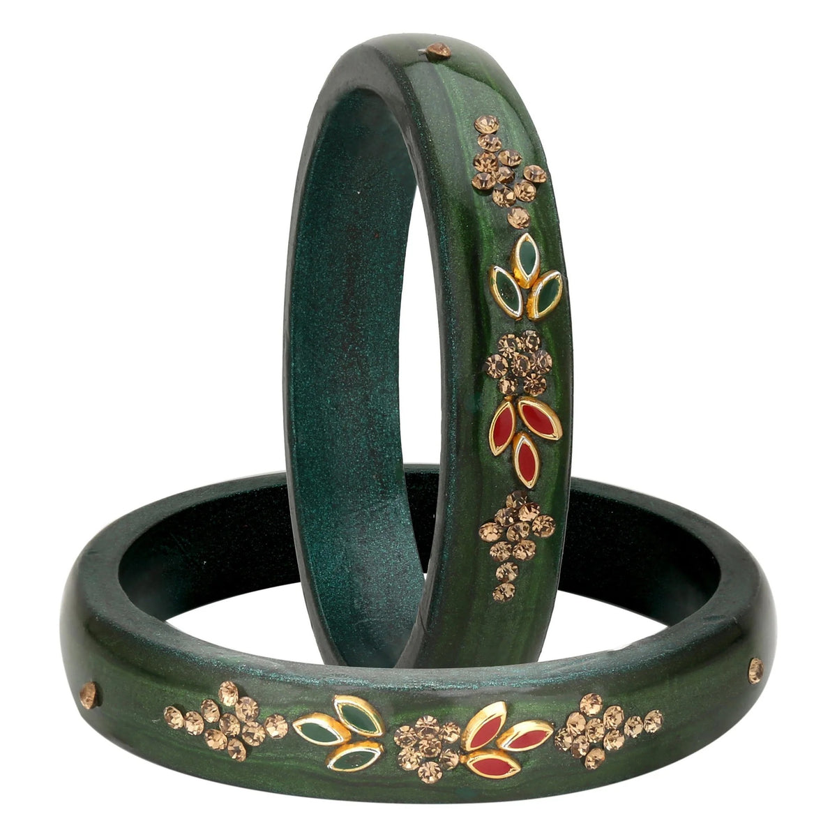 Emerald Green Handcrafted Lakh Bangles with Floral Stone Work