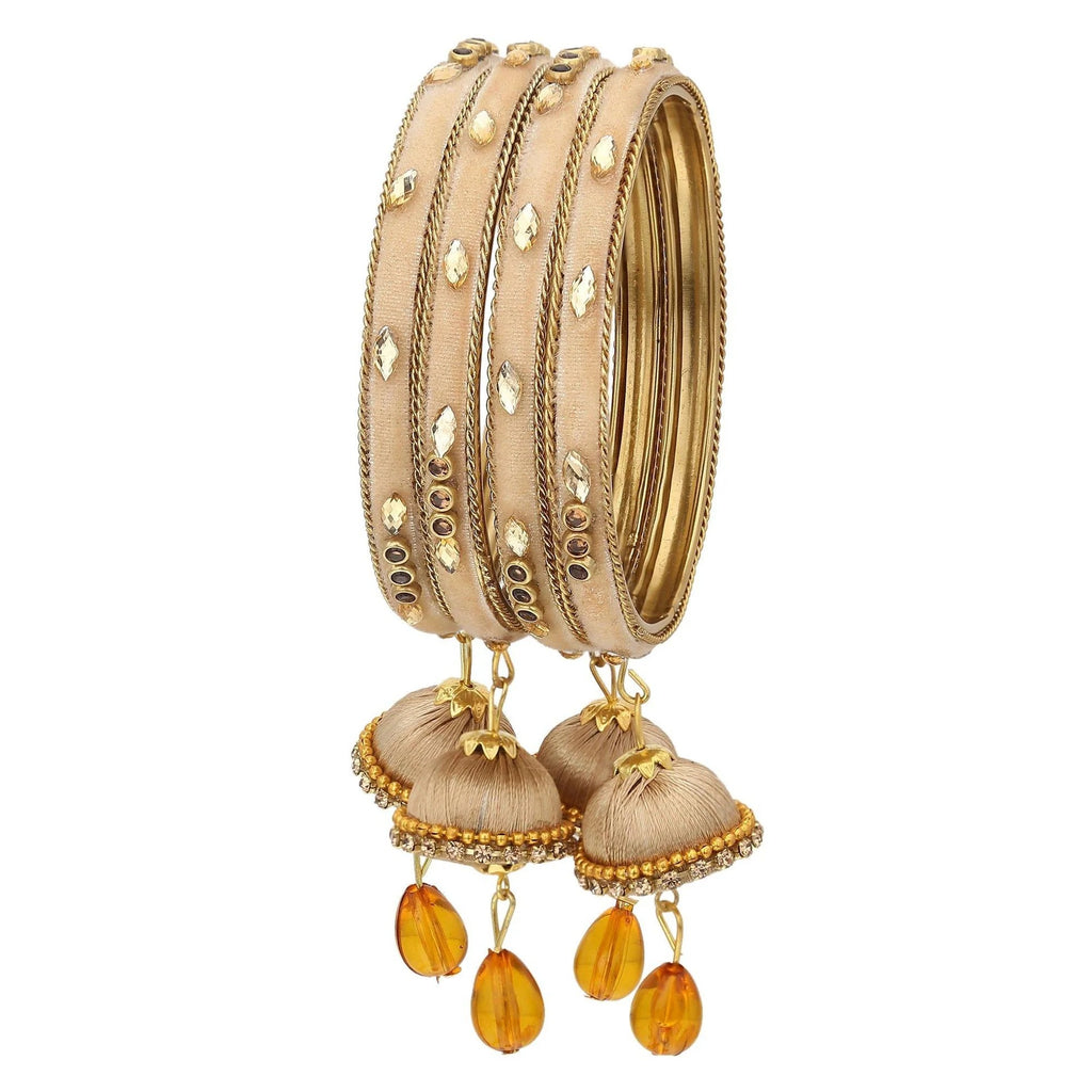Beige Silk Thread Kundan Bangles with Hanging Jhumki Tassels (Set of 4)