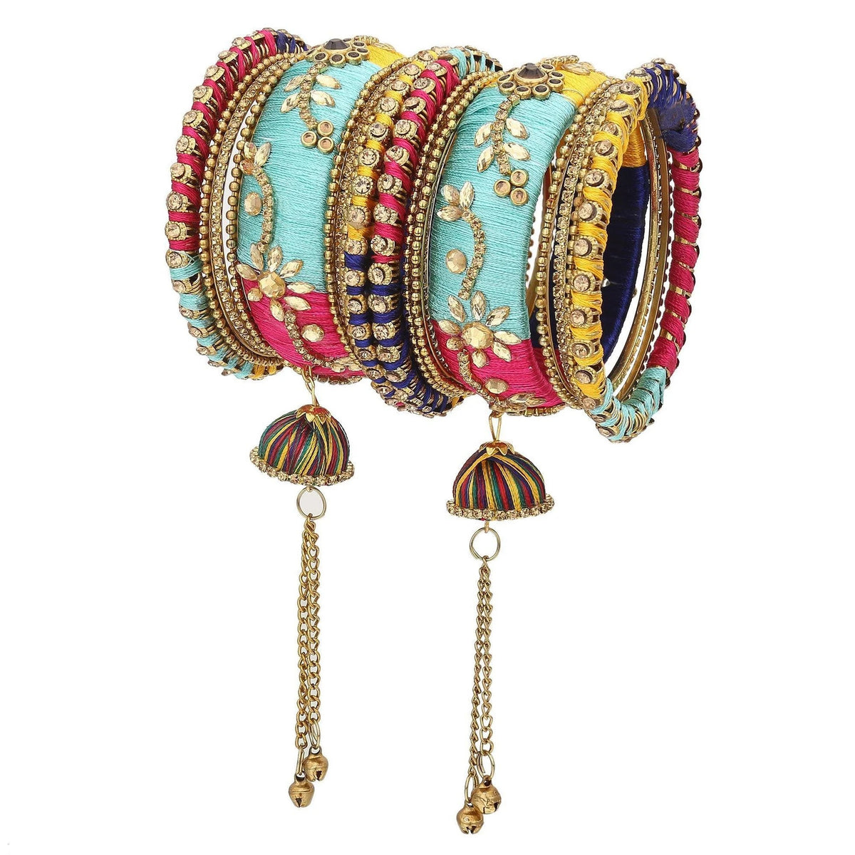 Multicolor Silk Thread Bridal Bangle Set with Jhumki Latkan & Kundan Work (Set of 18)