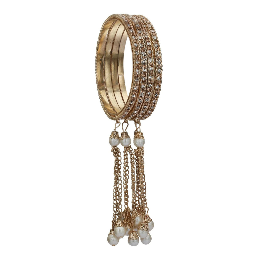 Royal Gold Pearl Tassel Crystal Bangle Set (Set of 4)