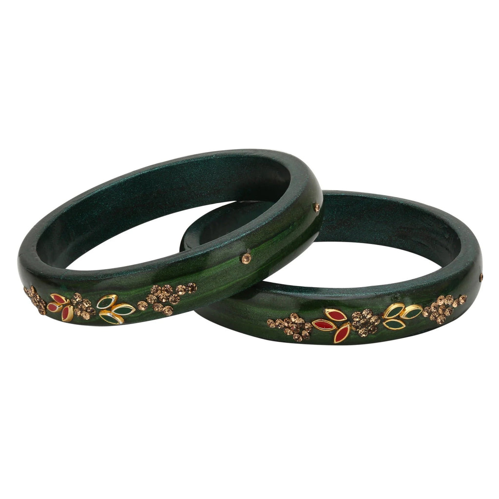 Pair of Emerald Green Floral Stone Lakh Bangles