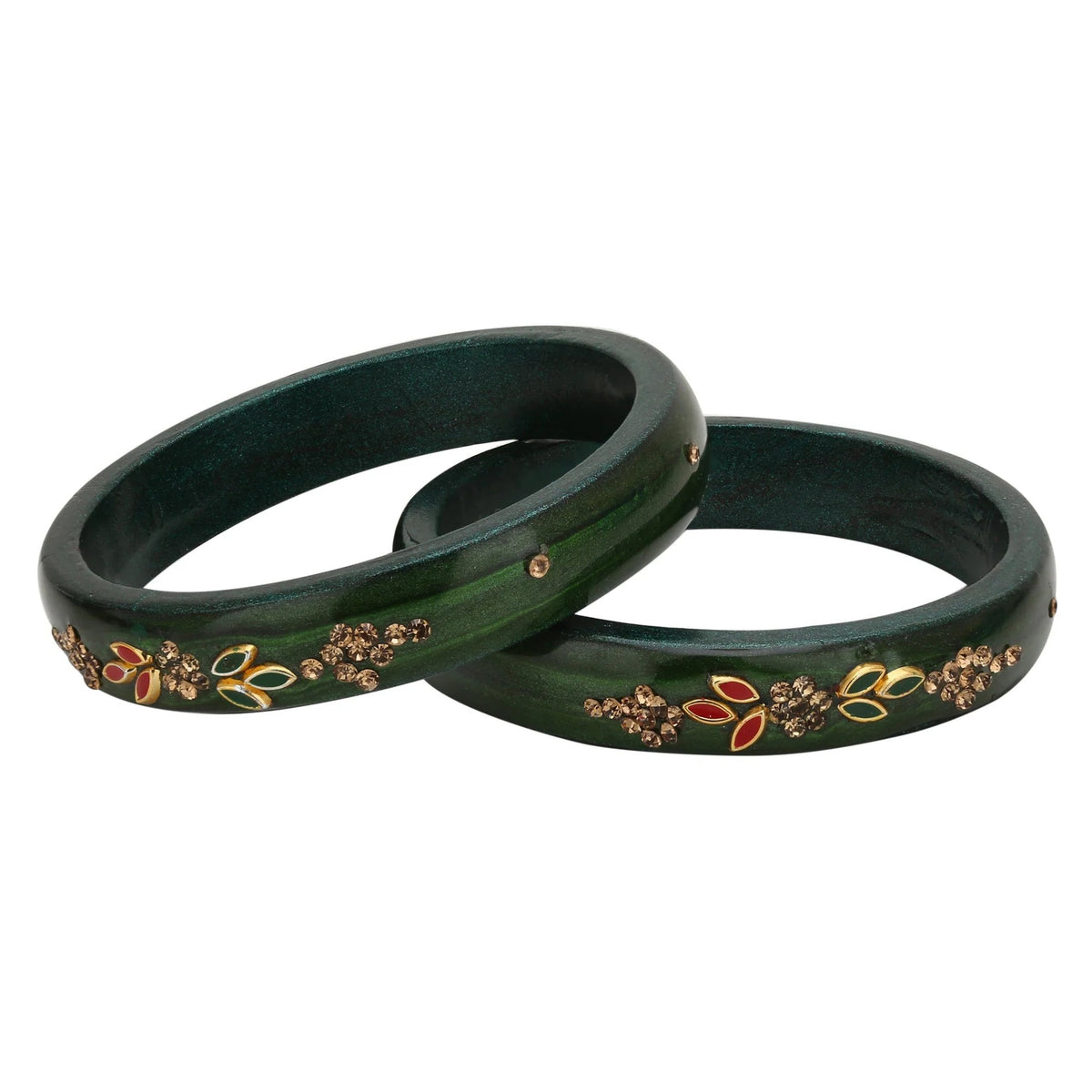 Pair of Emerald Green Floral Stone Lakh Bangles