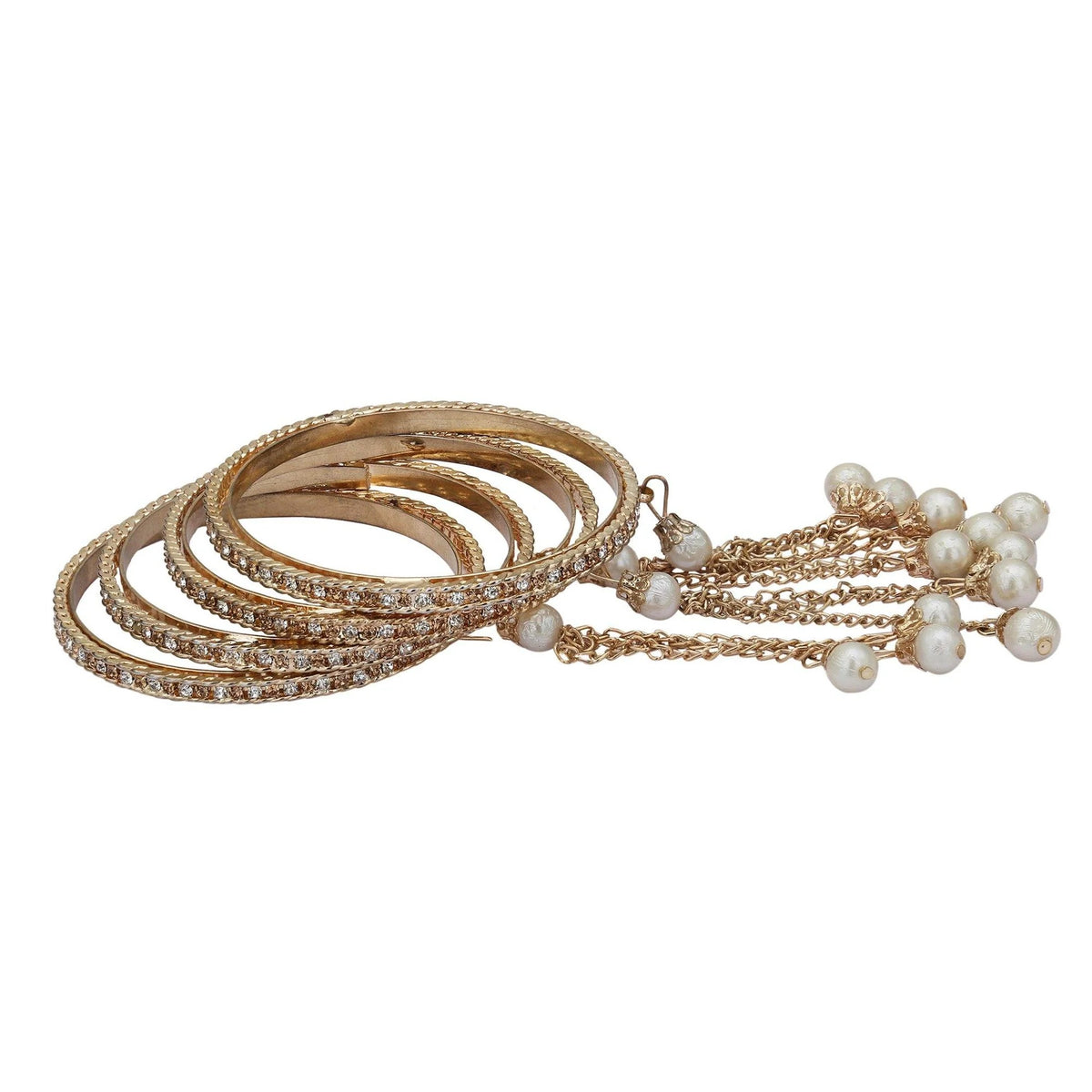 Royal Gold Pearl Tassel Crystal Bangle Set (Set of 4)