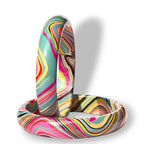 A pair of thick bangle bracelets with a vibrant, swirling marbled pattern in pink, yellow, teal, orange, and black, displayed on a clean white background.