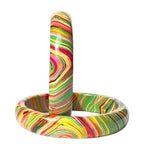 A colorful acrylic ring holder with a vertical stand, featuring a vibrant marbled pattern of green, yellow, pink, orange, and white swirls on a white background.